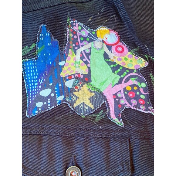 Jane Elissa unique cut off sleeves Patch vest black denim jacket size xl - Picture 10 of 12